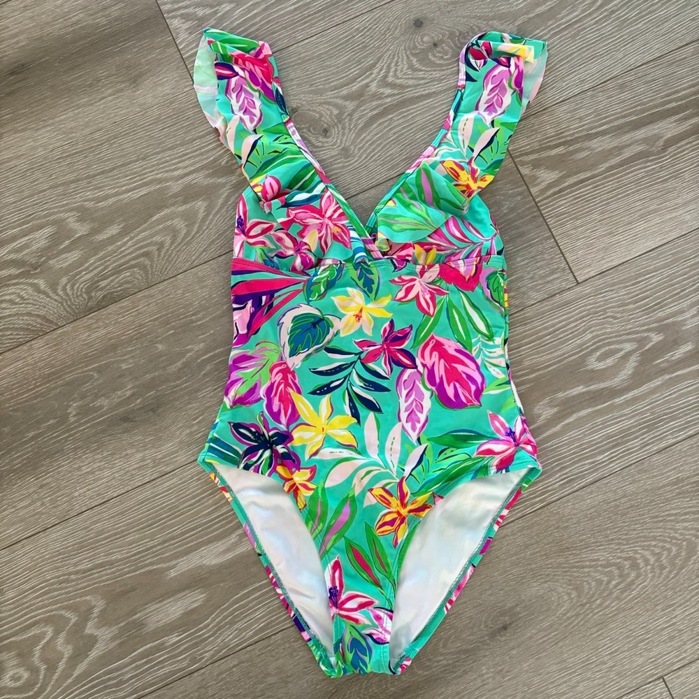 Stella Parker Womens Green Tropical Floral Ruffle One Piece Bathing‎ Suit Size S